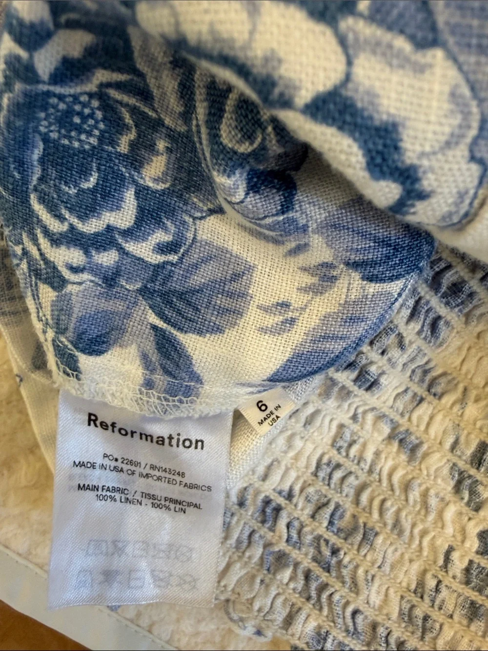 Reformation Stilton Linen Top White and Blue Floral Square-Neck Blouse